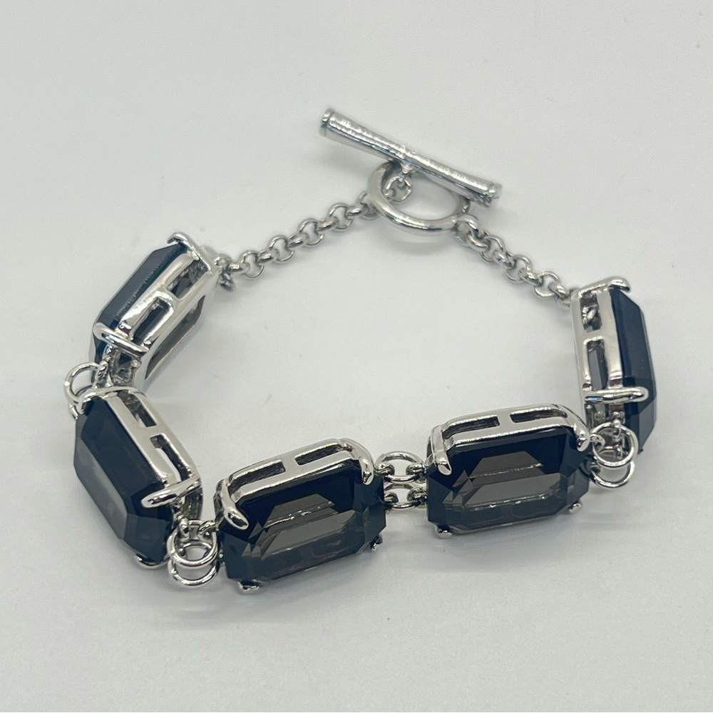 Vintage Kenneth Cole Signed Black‎ Rhinestone Silver Tone Toggle Bracelet Sz 7